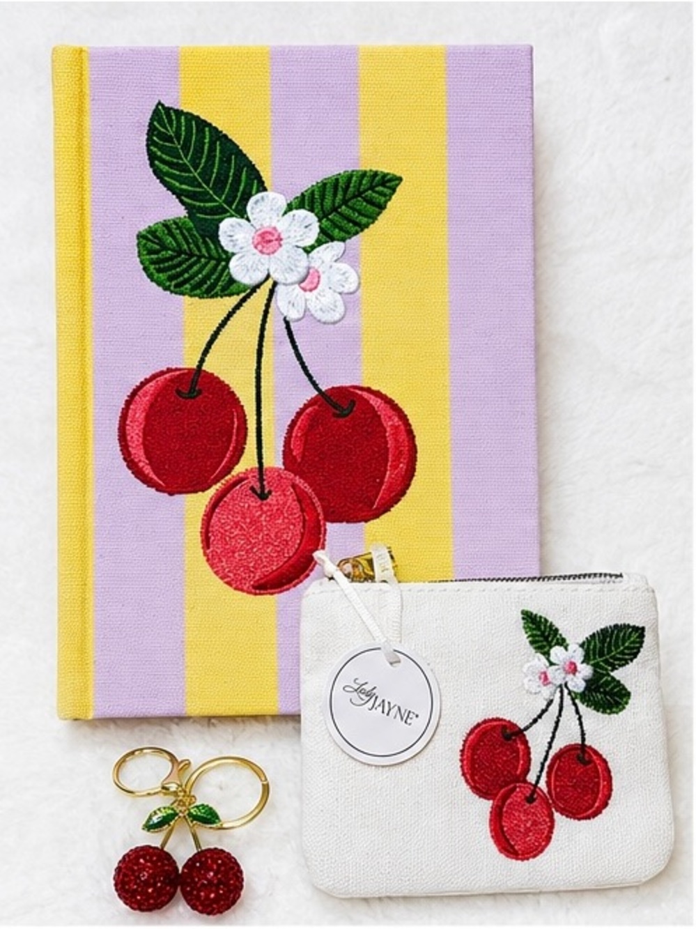 Cherry Embroidered Journal, Coin Purse & Sparkly cherry bag charm/keychain